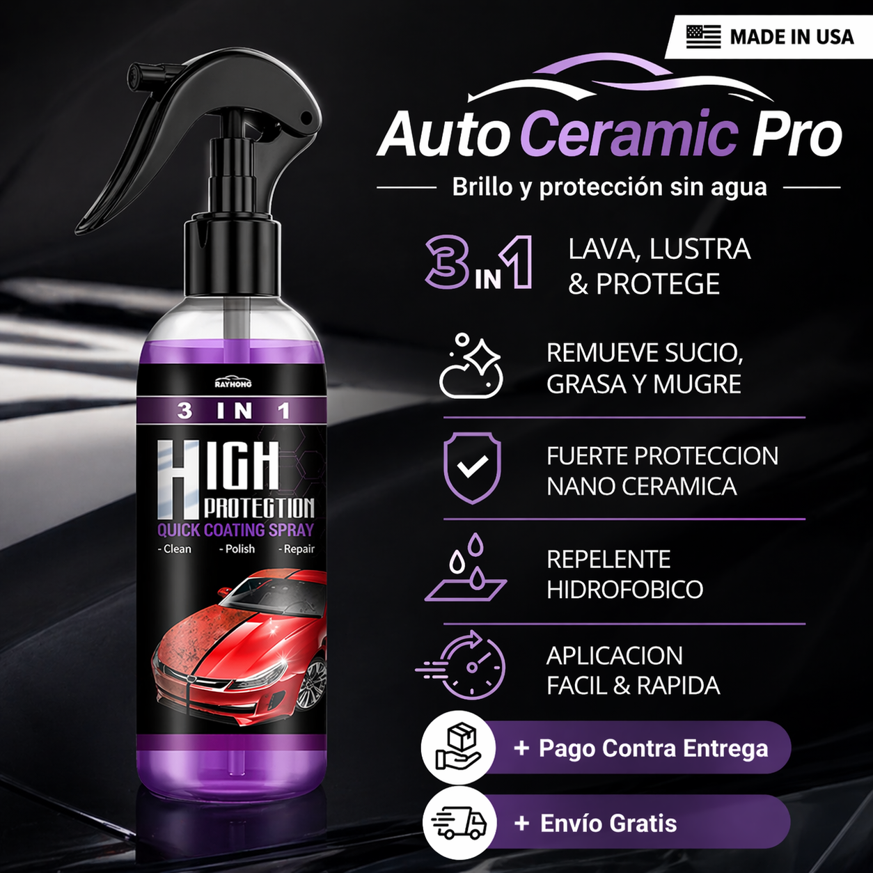 AutoCeramic Pro -Protector Auto 3 en 1 - " Tu auto limpio y brillante sin agua"