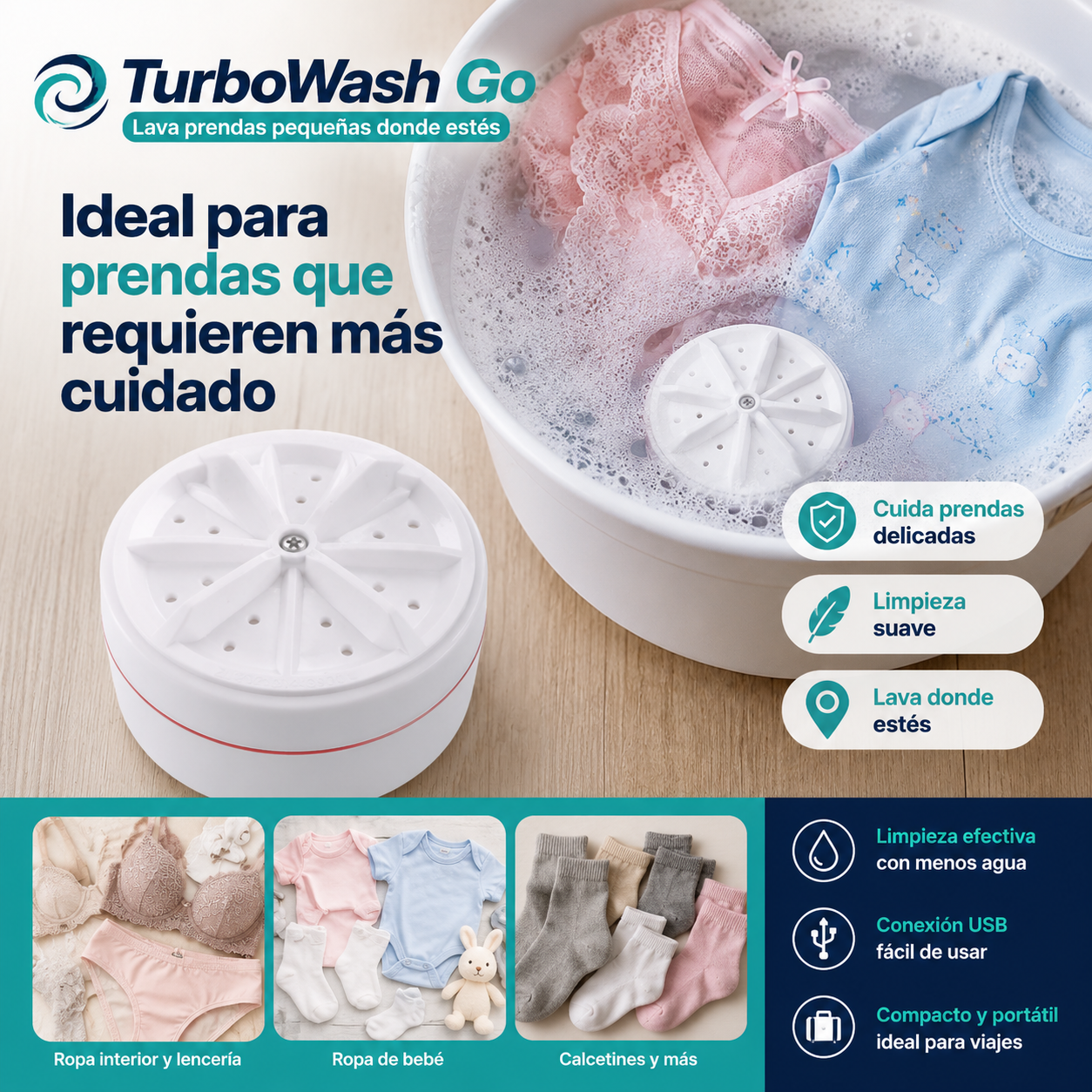 TurboWash Go - Turbina Ultrasonica Portátil  -  Lava prendas pequeñas donde estés