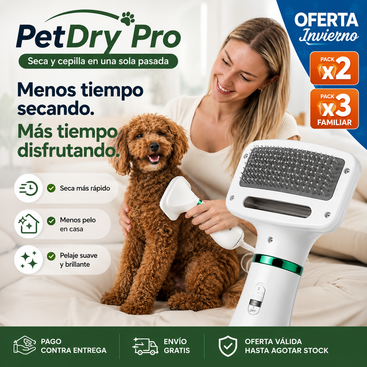 PetDry Pro - Cepillo Y Secador De Mascotas 2 En 1 - "Seca y cepilla en una sola pasada"