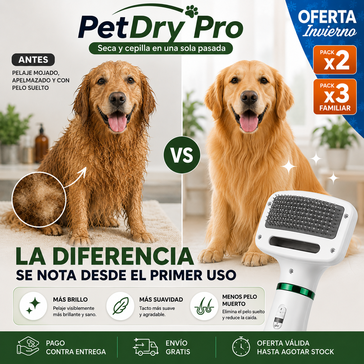PetDry Pro - Cepillo Y Secador De Mascotas 2 En 1 - "Seca y cepilla en una sola pasada"