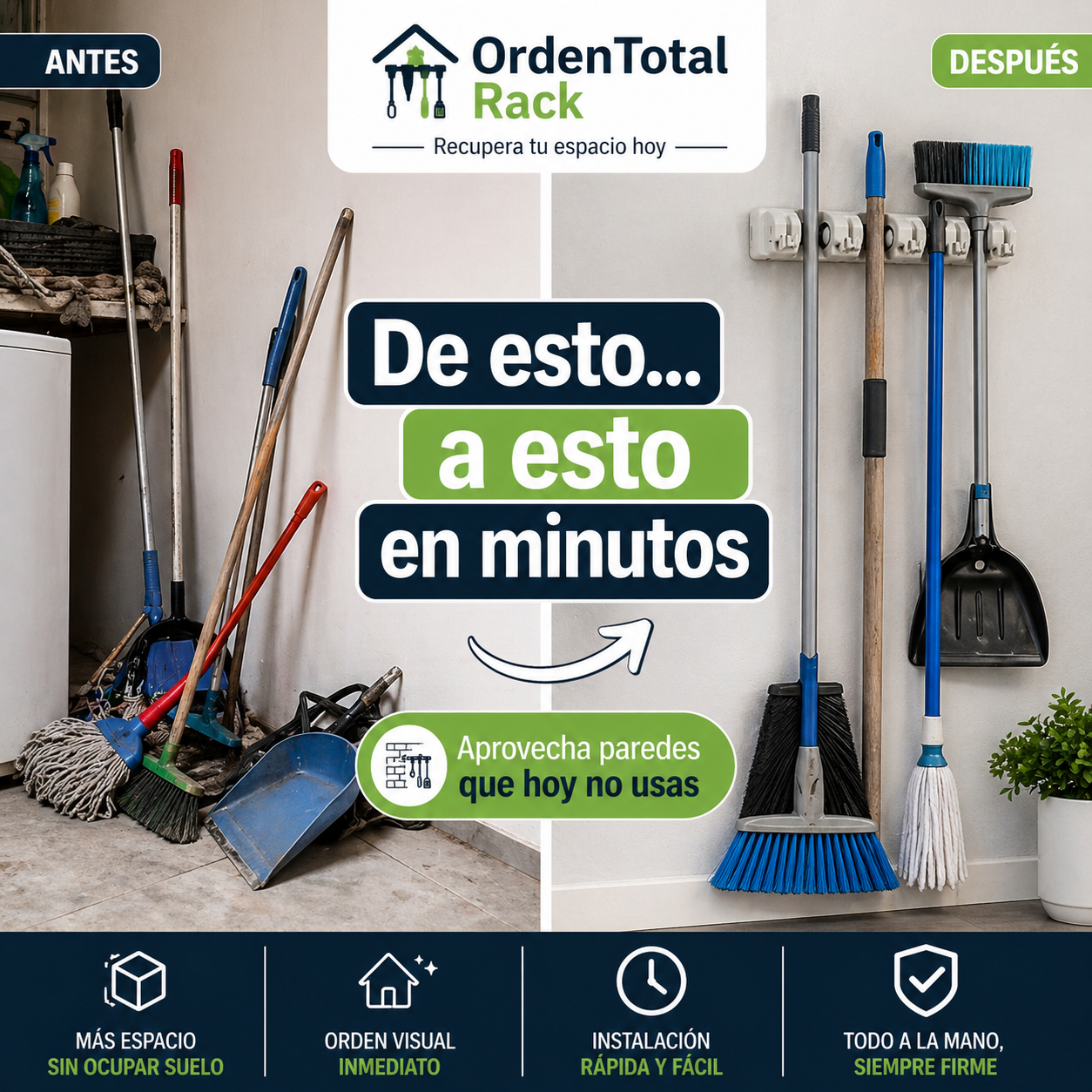 OrdenTotal Rack - Organizador de Mopas  -  Más espacio en minutos