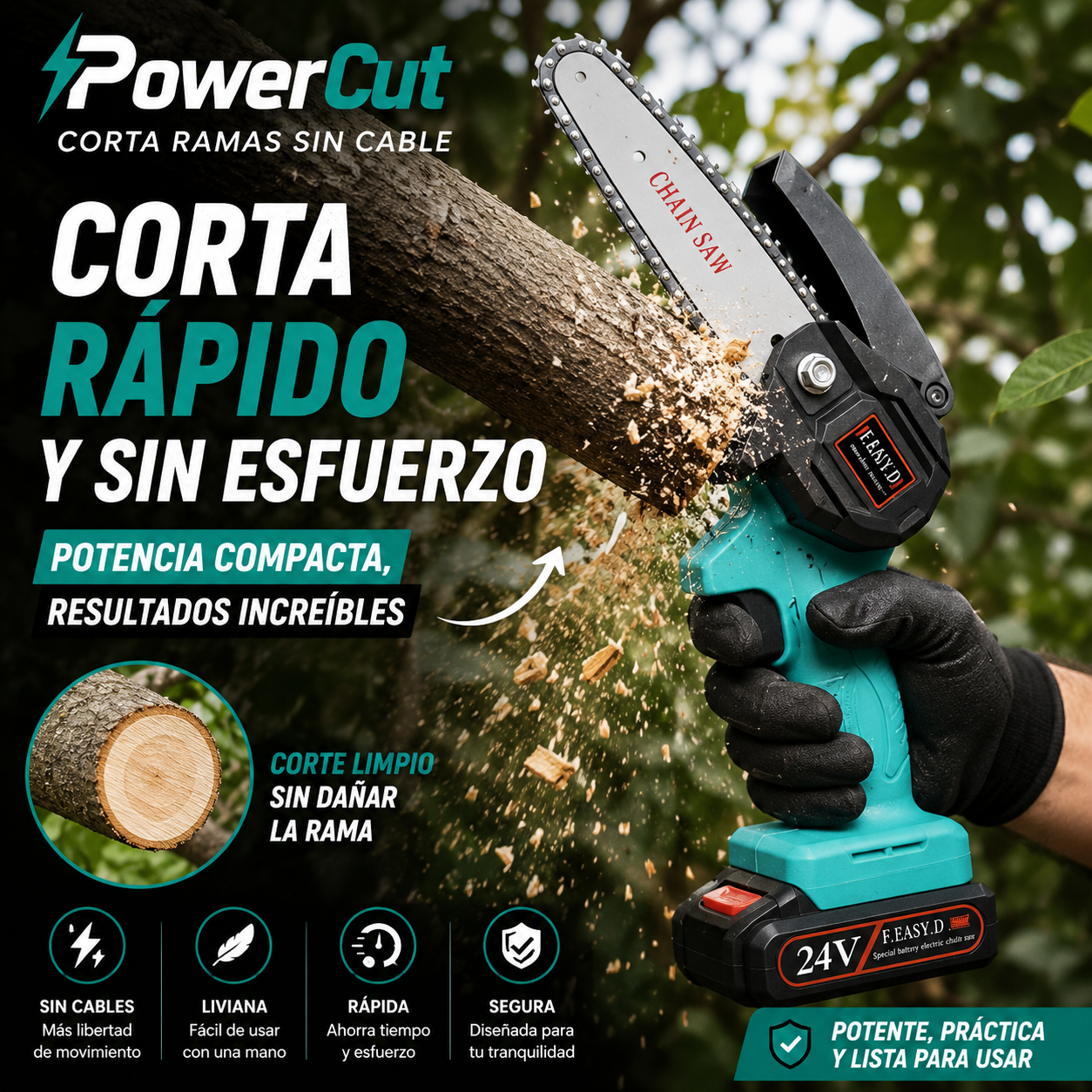 PowerCut - Mini Motosierra Inalamb - "Corta Ramas Sin Cable"