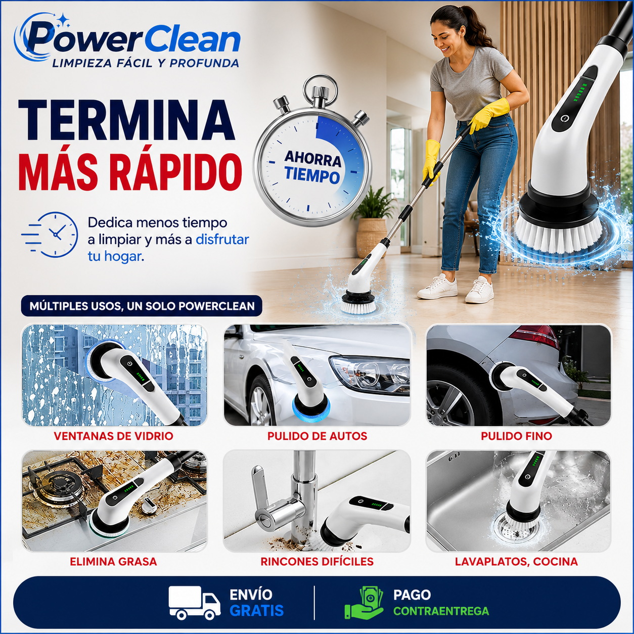 PowerClean -Cepillo de limpieza 9 en 1 . -  "Limpieza fácil y profunda"
