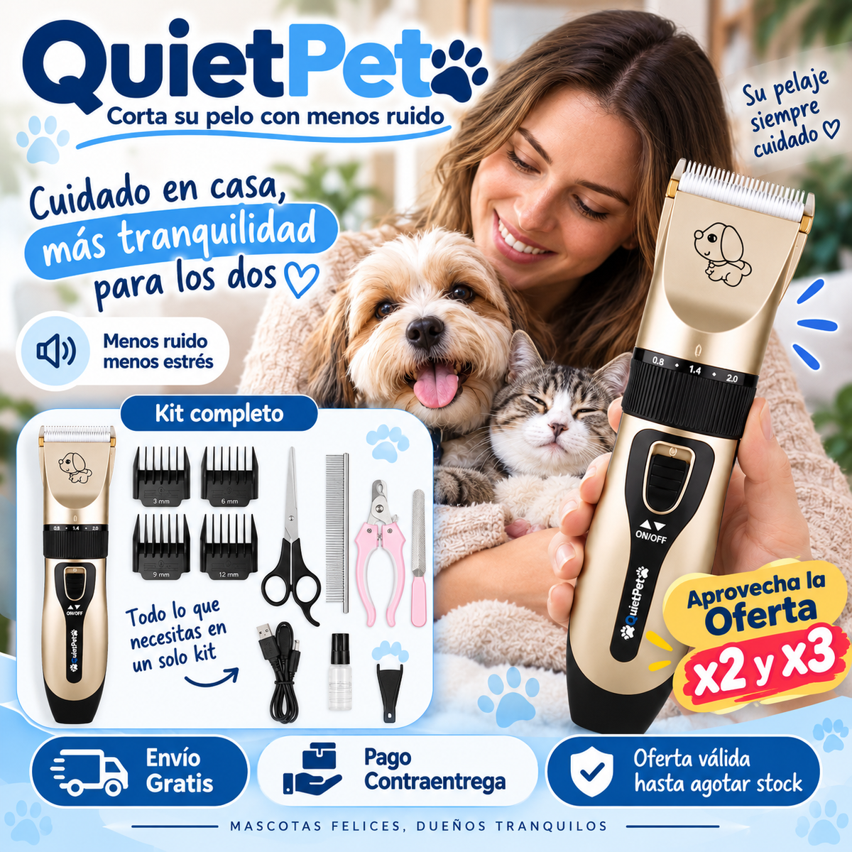 QuietPet - Kit Profesional Cortadora Pelo Mascota - "Corta su pelo con menos ruido"