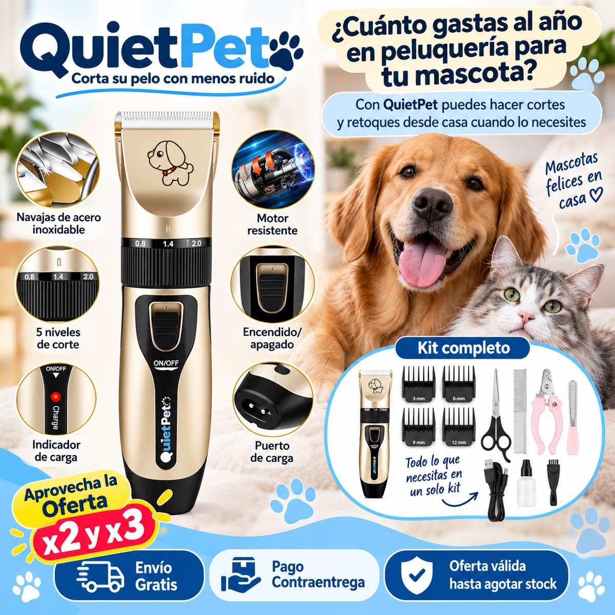 QuietPet - Kit Profesional Cortadora Pelo Mascota - "Corta su pelo con menos ruido"
