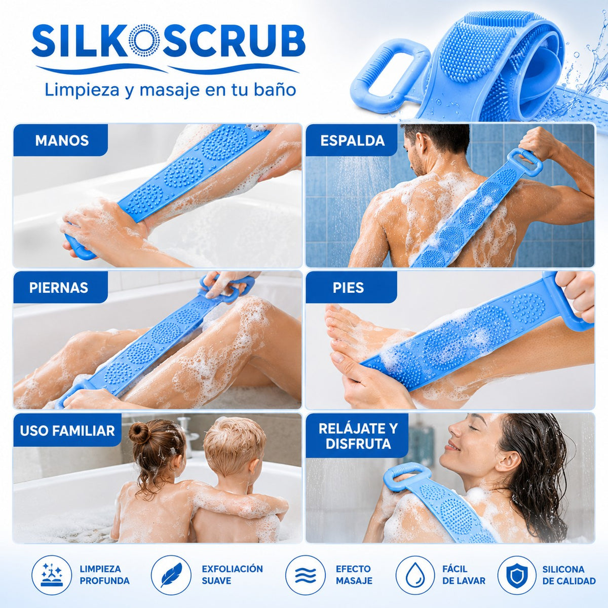 SilkoScrub — Banda Exfoliante y de Limpieza Corporal - "Limpia y exfolia donde tus manos no alcanzan."