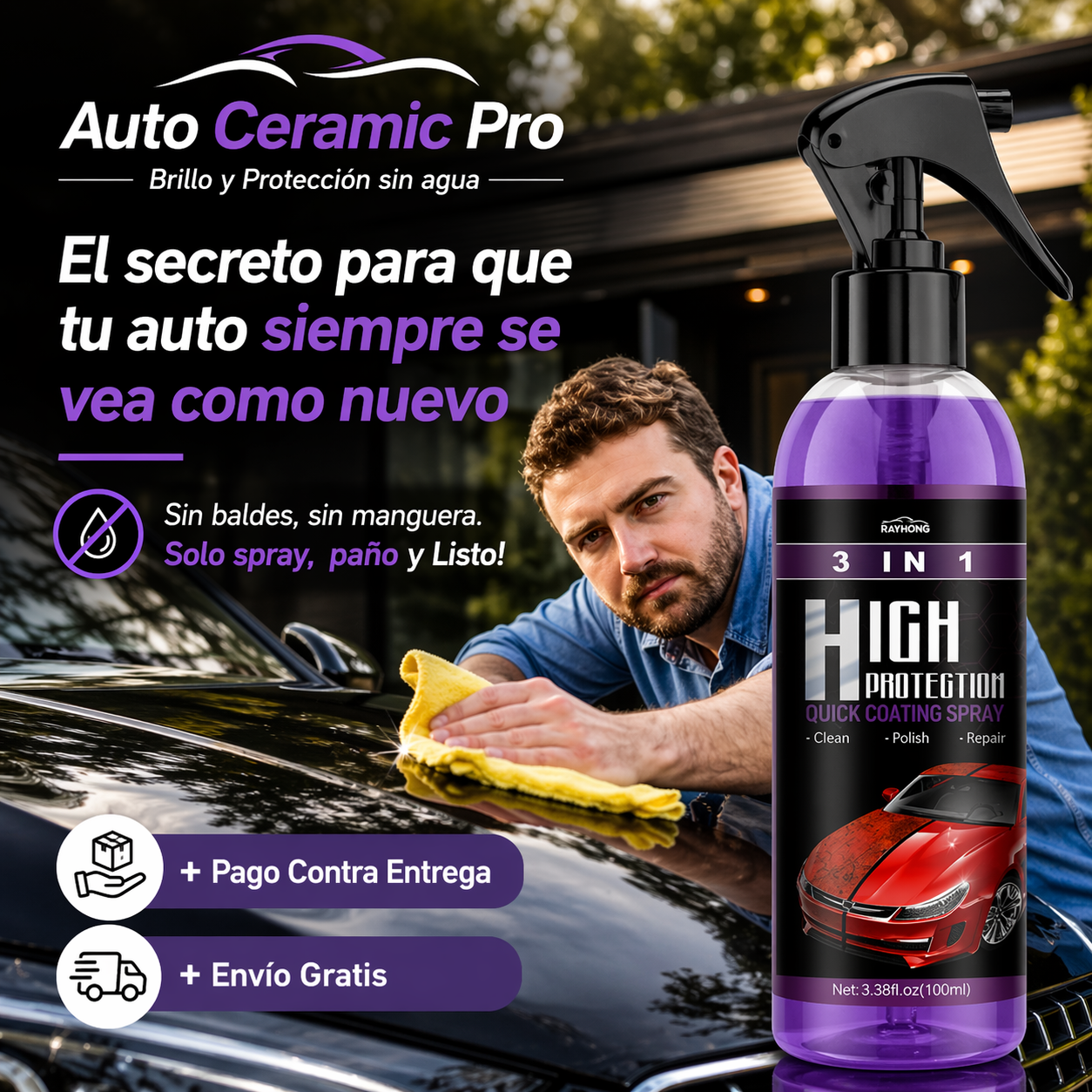 AutoCeramic Pro -Protector Auto 3 en 1 - " Tu auto limpio y brillante sin agua"
