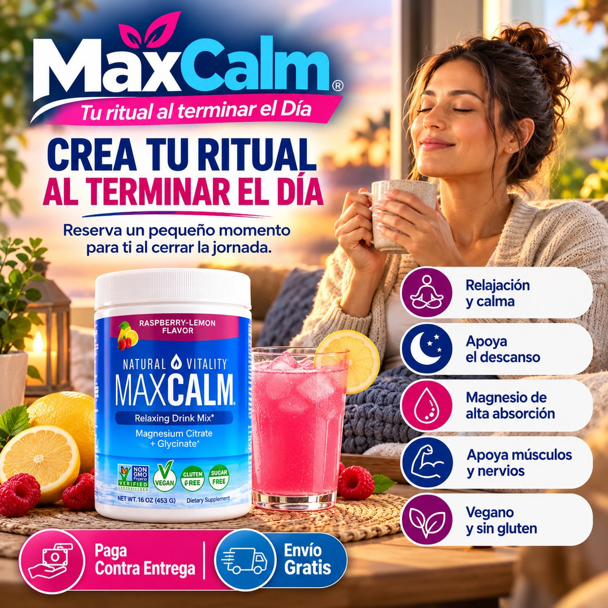 MaxCalm - Tu ritual al terminar el día  -MAGNESIO CITRATO 453 grs +GLICINATO