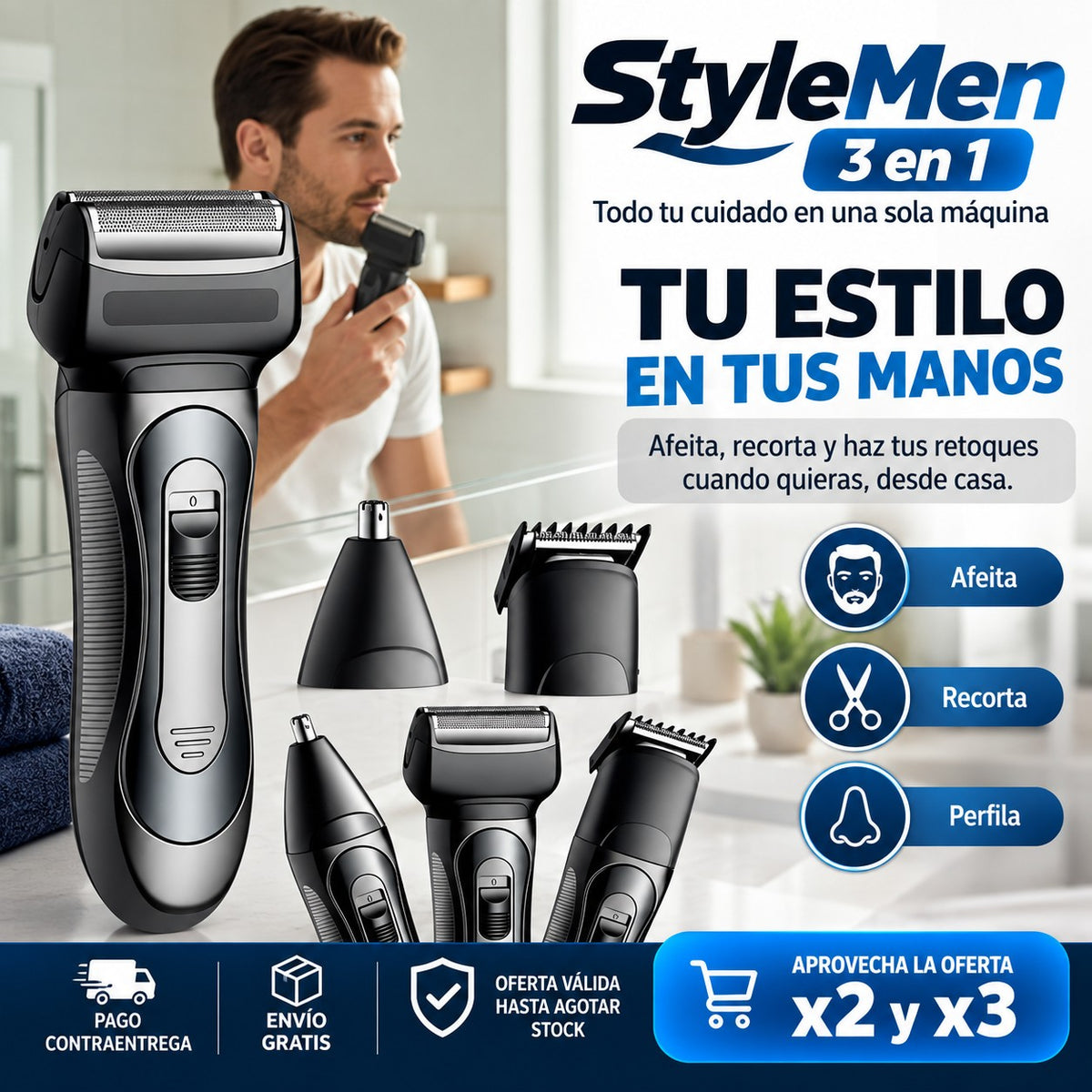 StyleMen 3 en 1 -  Kit: Afeita, Recorta y Perfila - "Todo tu cuidado en una sola máquina"